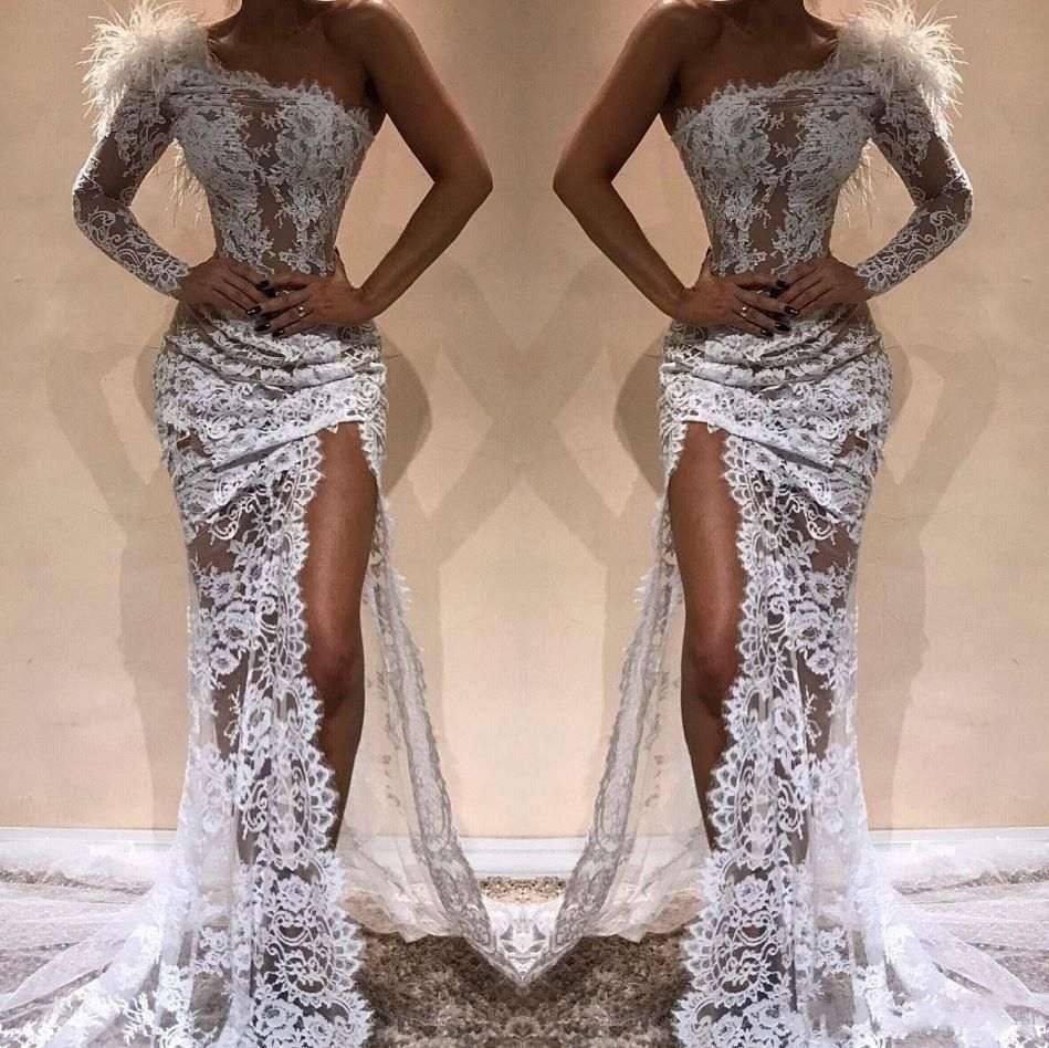 illusion sequin lace feather sleeve mermaid gown