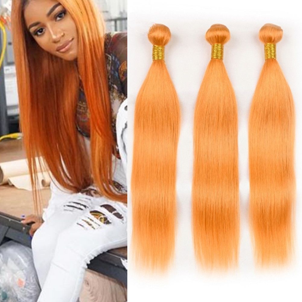 Orange Color Malaysian Human Hair Weave Bundles Silky Straight
