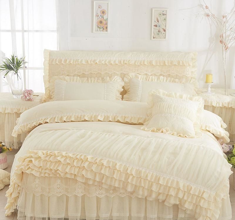 Korean Style Home Textile Beige Princess Lace Duvet Cover Set Bed