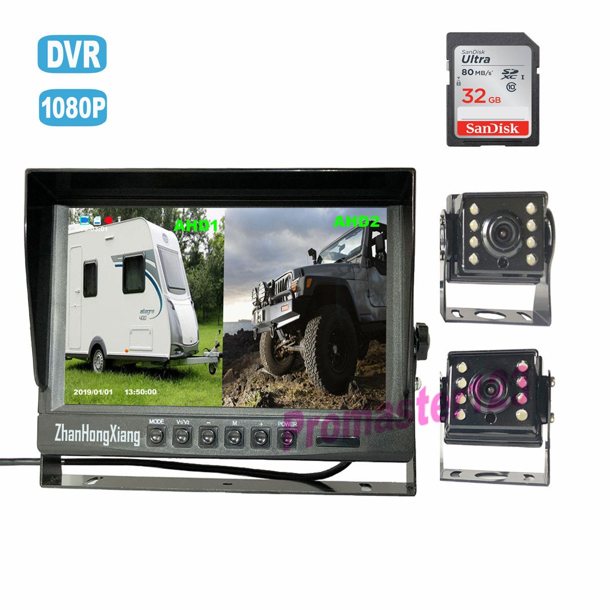 HD 1080P back-upcamera's systeem met DVR dash cam, 2 x 4pin auto-voor achteruitrijcamera + 9 IPS AHD Split Monitor met SD-recorder