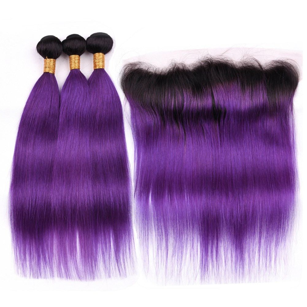 2019 Dark Roots 1b Purple Ombre Straight Indian Human Hair Wefts With Frontal 3bundles Ombre Purple Hair Wefts With Lace Frontal Closure 13x4 From