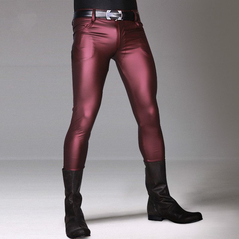 Wine Red Black Faux Leather Men Pants 