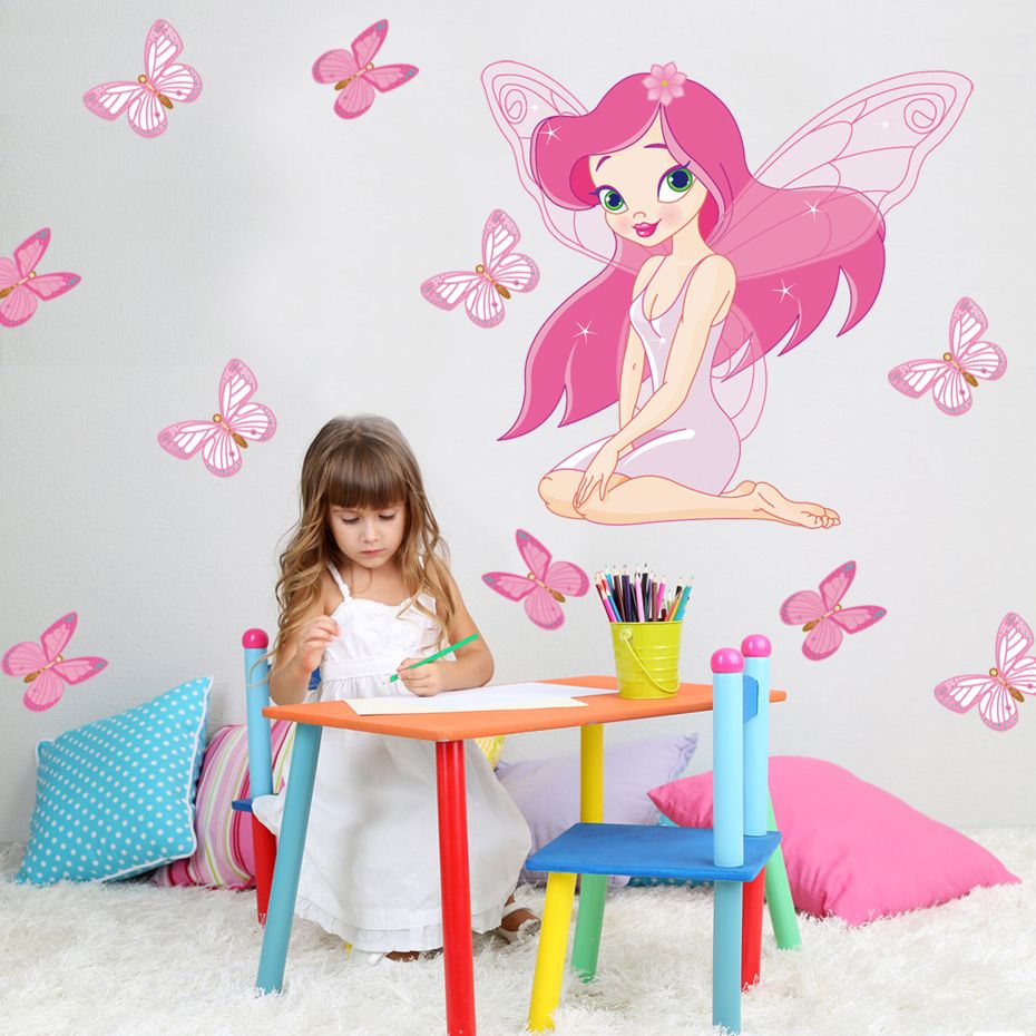 Colorful Fairy Girl Butterfly Wall Sticker Princess Removable Pink For Kids Room
