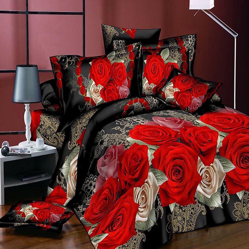 Classic Bedding Set Print Red Flower Bed Linen Duvet Cover Set