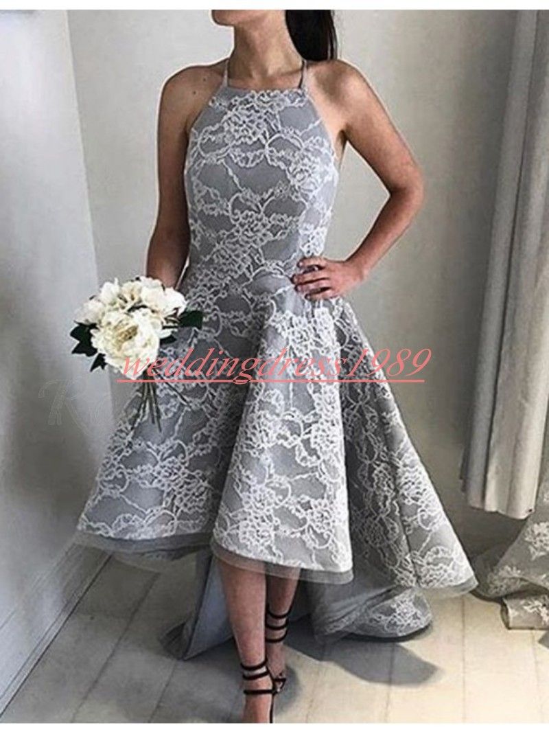 Compre Modest High Low Lace Arabe Homecoming Vestidos Gris 2019