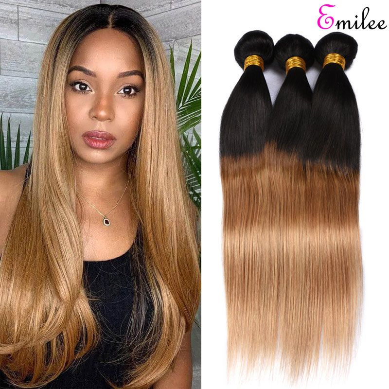 Emilee 1b/27# Blonde Hair Bundles Indian Straight Ombre Hair Weave Bundles  Remy Ombre 1B 27 Hair Extensions
