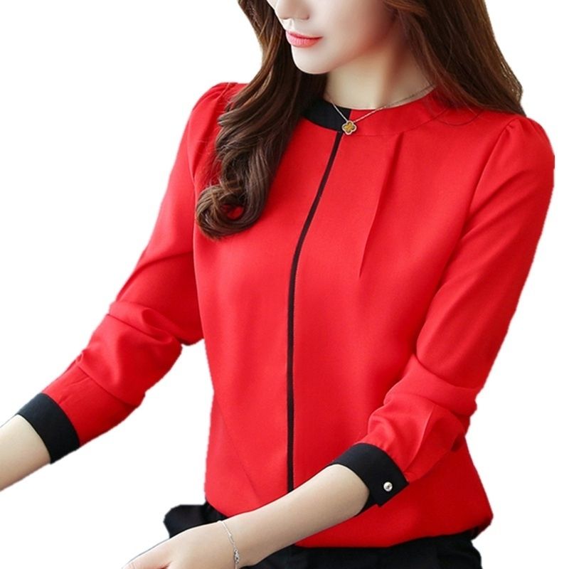 2018 Mujeres Red Blusas Moda Otoño Camisas de gasa OL Manga larga Blusas Oficina