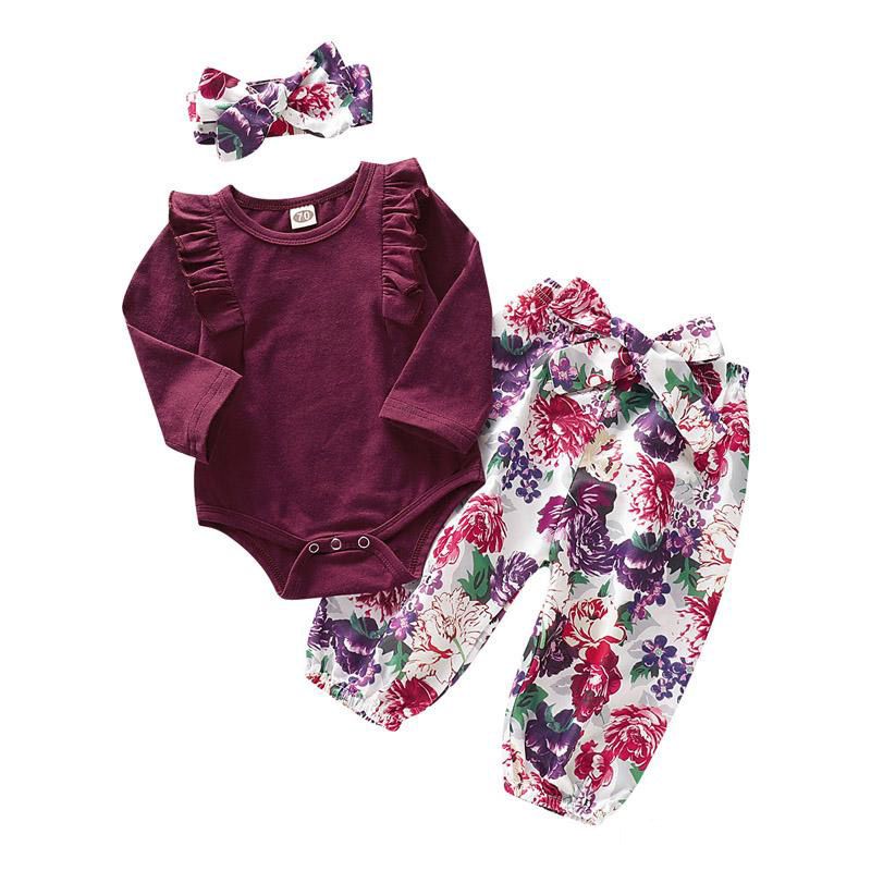 Compre Niñas Sistema De La Ropa Bebé De Los Equipos De Los Niños Volante De  Manga Larga Romper Las Tapas + Pantalones De Flores + Bowknot De La Venda /  Set De