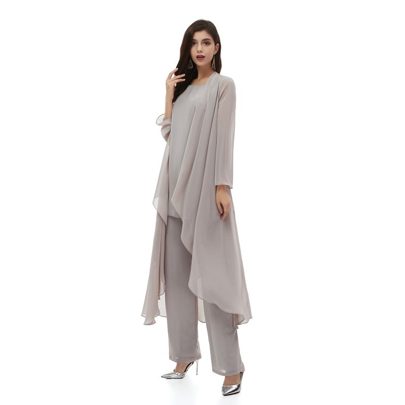 2019 New Arrival Chiffon Gray Mother Of The Bride Pant Suits Long