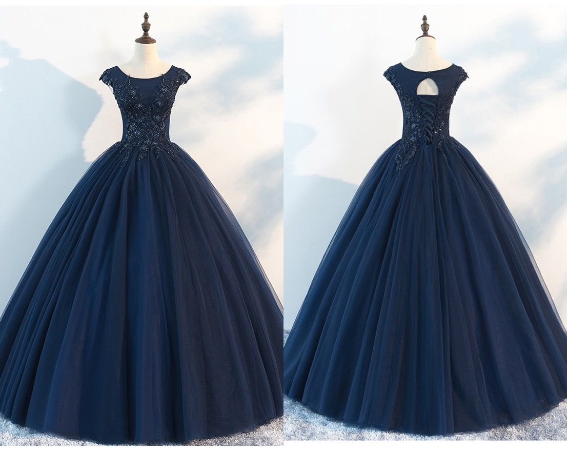 Modest Navy Blue Cheap Quinceanera Prom dresses Ball Gown Jewel Neck ...