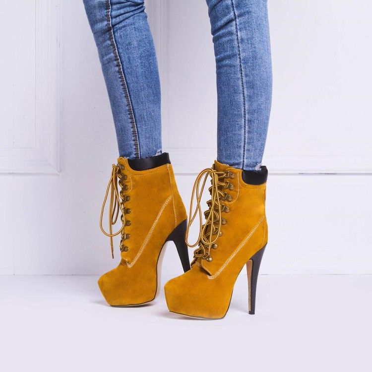 A&N Ladies Lace-Up Solid Round Toe Platform Imitated Leather Boots