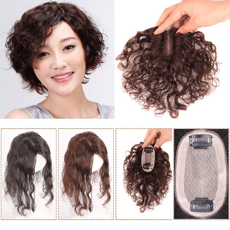 Brown Wavy Human Hair Toupee Top For Hair Loss Natural Silk Base