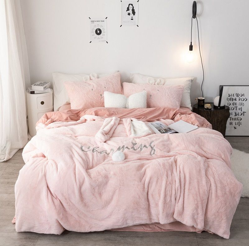 Pink White Gray Princess Fleece Fabric Winter Thick Bedding Sets