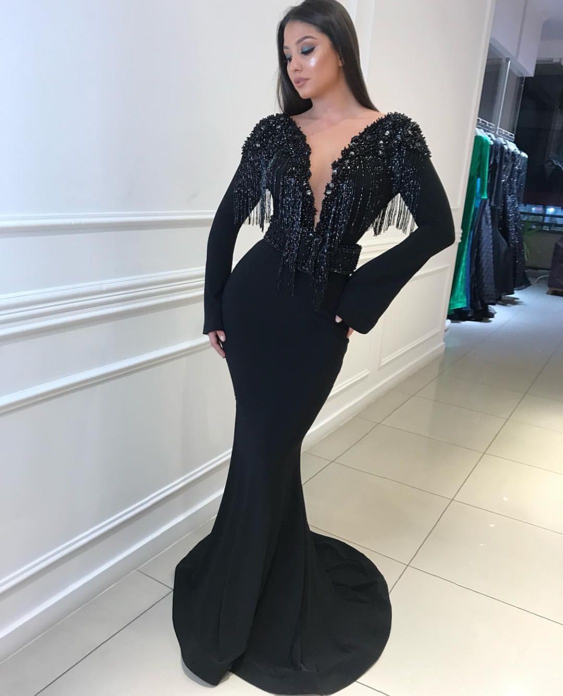 black long sleeve v neck mermaid dress