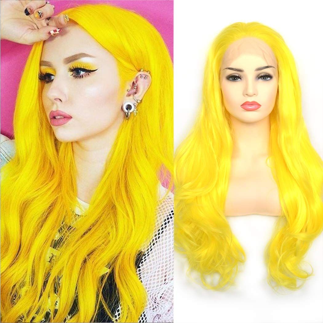Fashion Yellow Synthetic Wig Cosplay Free Part Full Lace Front Wig Wavy