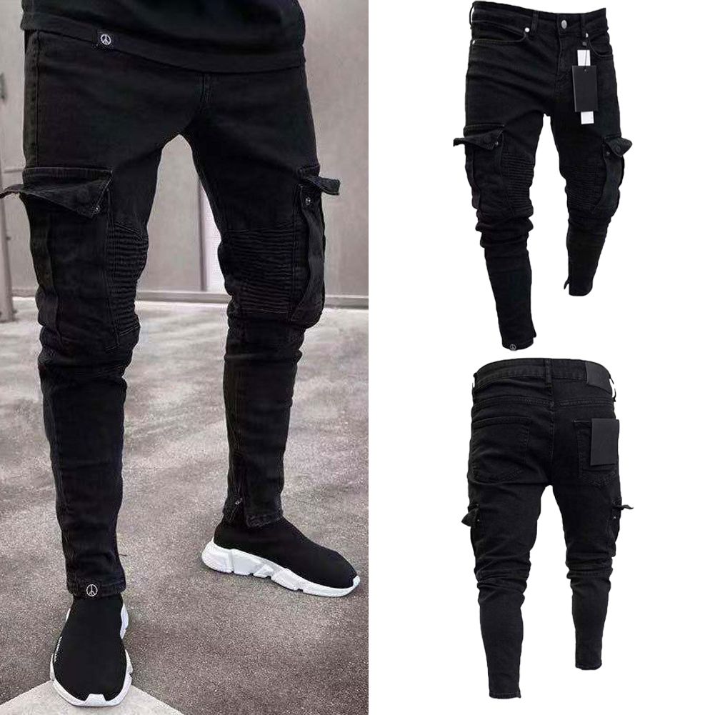 Compra Moda Negro Jean Men Denim Skinny Biker Jeans Destroyed Frayed Slim  Fit Pocket Cargo Pencil Pants Plus Size S 3XL Barato | Entrega Rápida Y  Calidad | Es.Dhgate