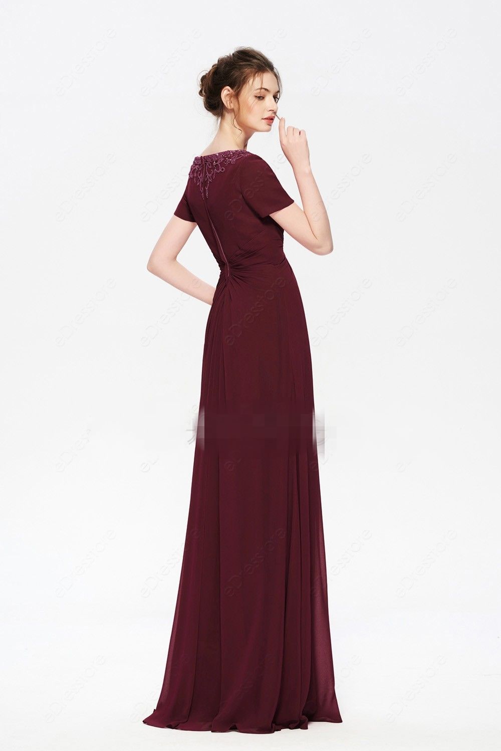 modest burgundy dresses long