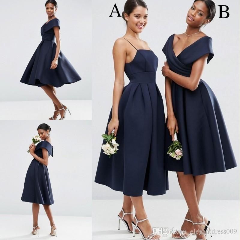 tea length navy bridesmaid dresses