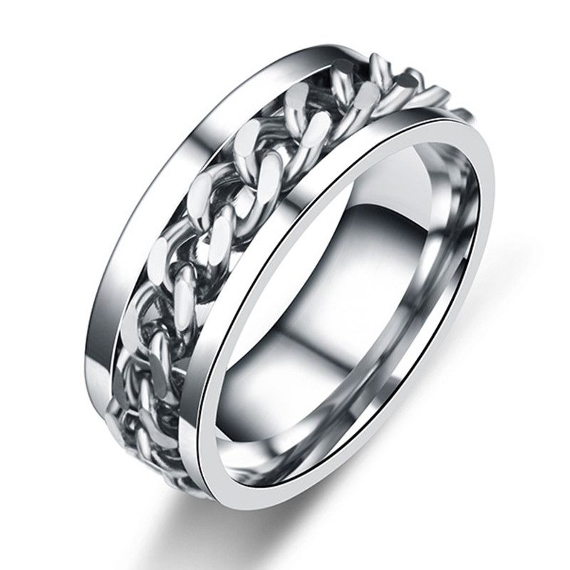 8mm Plata Negro Giratorio Cadena De Acero Inoxidable para Hombre Anillo De Bodas Anillo
