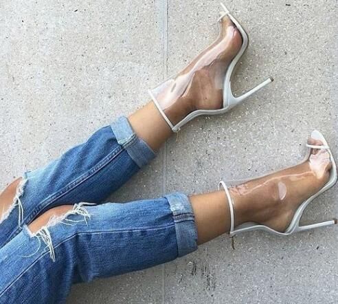 Kim Kardashian Style Tacones altos Zapatos PVC transparente Botines Peep Toe Stiletto Heels Mujeres Bombas