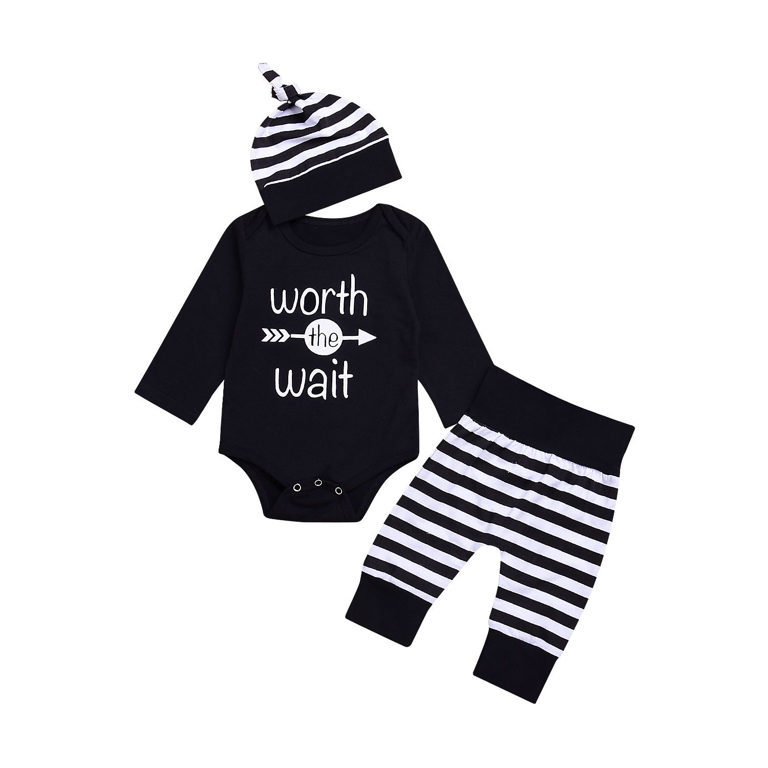 Newborn 4pcs Set Outfit Striped Hoodie with Romper Jumpsuit Striped Long Pants and Hat