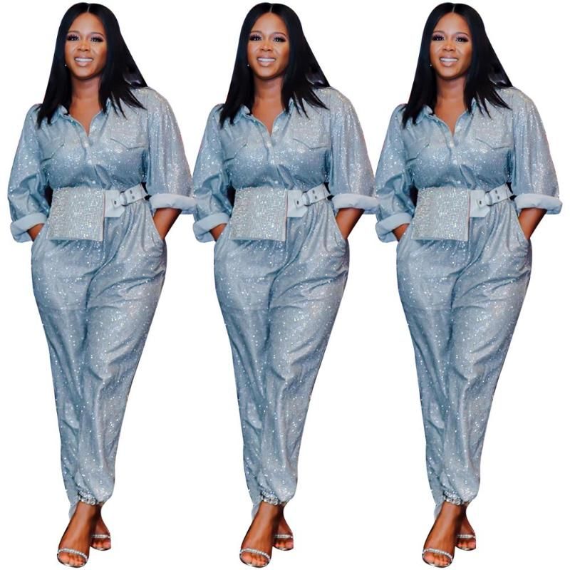 2020 Sequins Overalls Long Sleeve Jumpsuits Casual Fashion Button