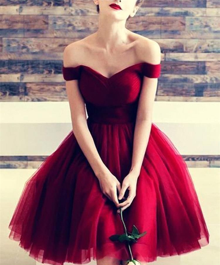 red off the shoulder homecoming dress