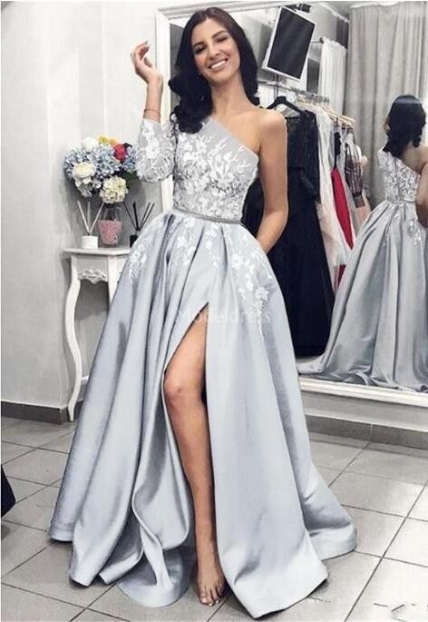 Compra 2019 Vestidos Elegantes De Baile De Graduación Un Hombro High Side  Split Sweep Train Fiesta Formal Vestido De Noche Con Bolsillos Graduación  Moderna Y Elegante Dres Barato | Entrega Rápida Y