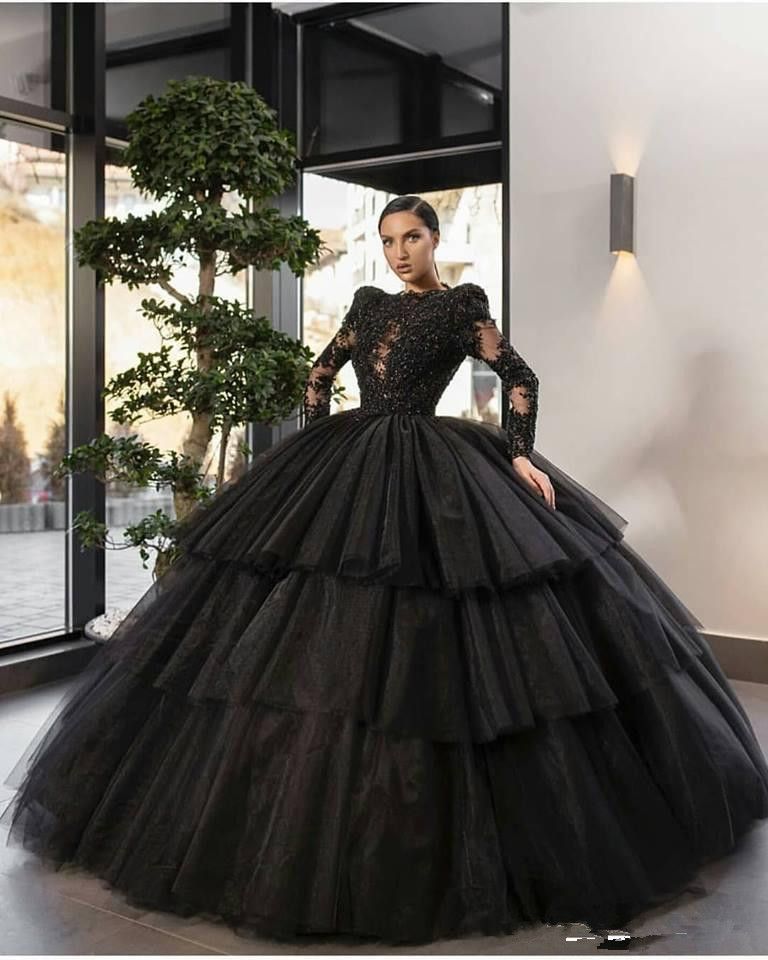 Lace Appliques Ball Gown Black Quinceanera Dresses Tulle Tiered 2021  Special Occasion Party Gowns Formal Long