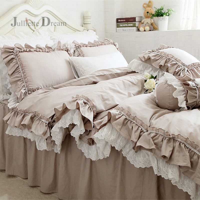 Top Luxury European Khaki Bedding Set Ruffle Lace Duvet Cover
