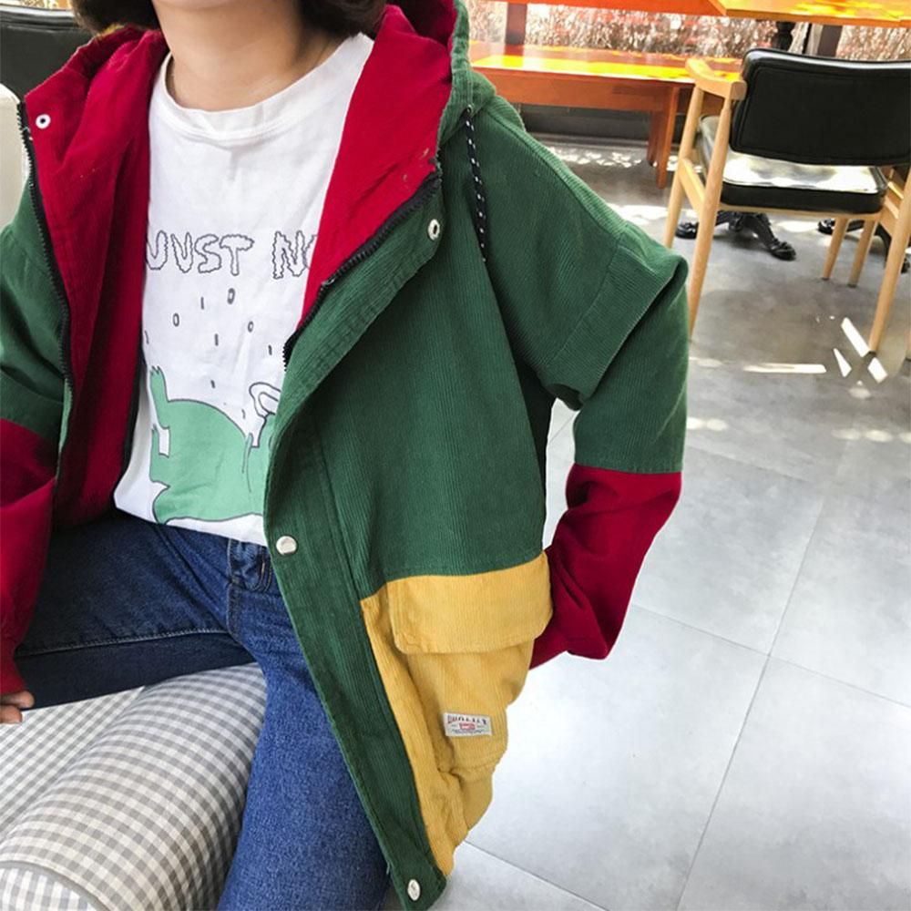 Hooded Color Block Corduroy Jacket 
