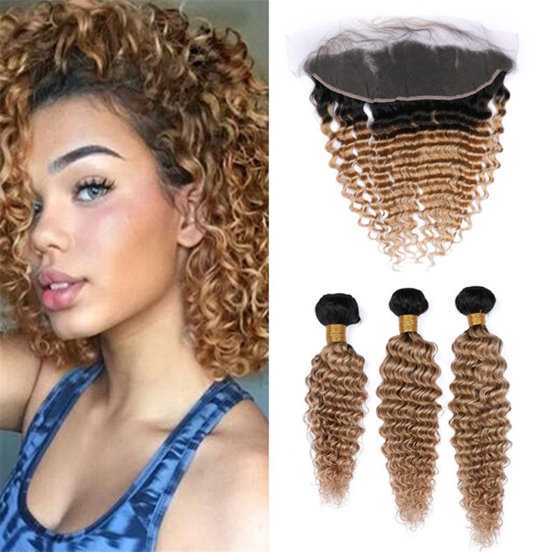 2019 Dark Roots Light Brown Deep Wave Ombre Hair Bundles With Frontal Closure 1b 27 Honey Blonde Deep Curly Human Hair Weave With Frontals From