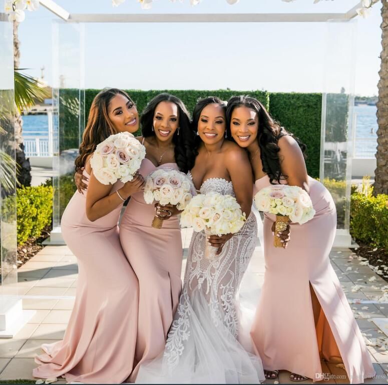 Blush Pink Satin Mermaid Long Bridesmaid Dresses 2020 Spaghetti Straps