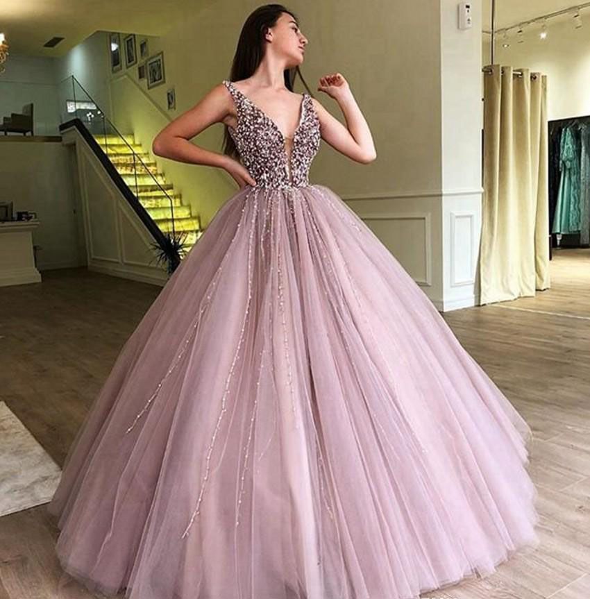 2019 Cheap Pink Long Quinceanera Dress Tulle Beaded Princess Sweet 16