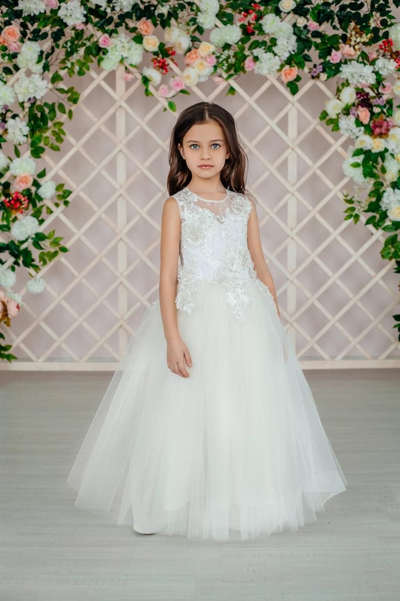 Cute White Lace Appliqued Flower Girl Dress Cheap First