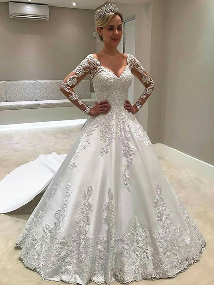 Illusion Long Sleeve Lace Satin Wedding 