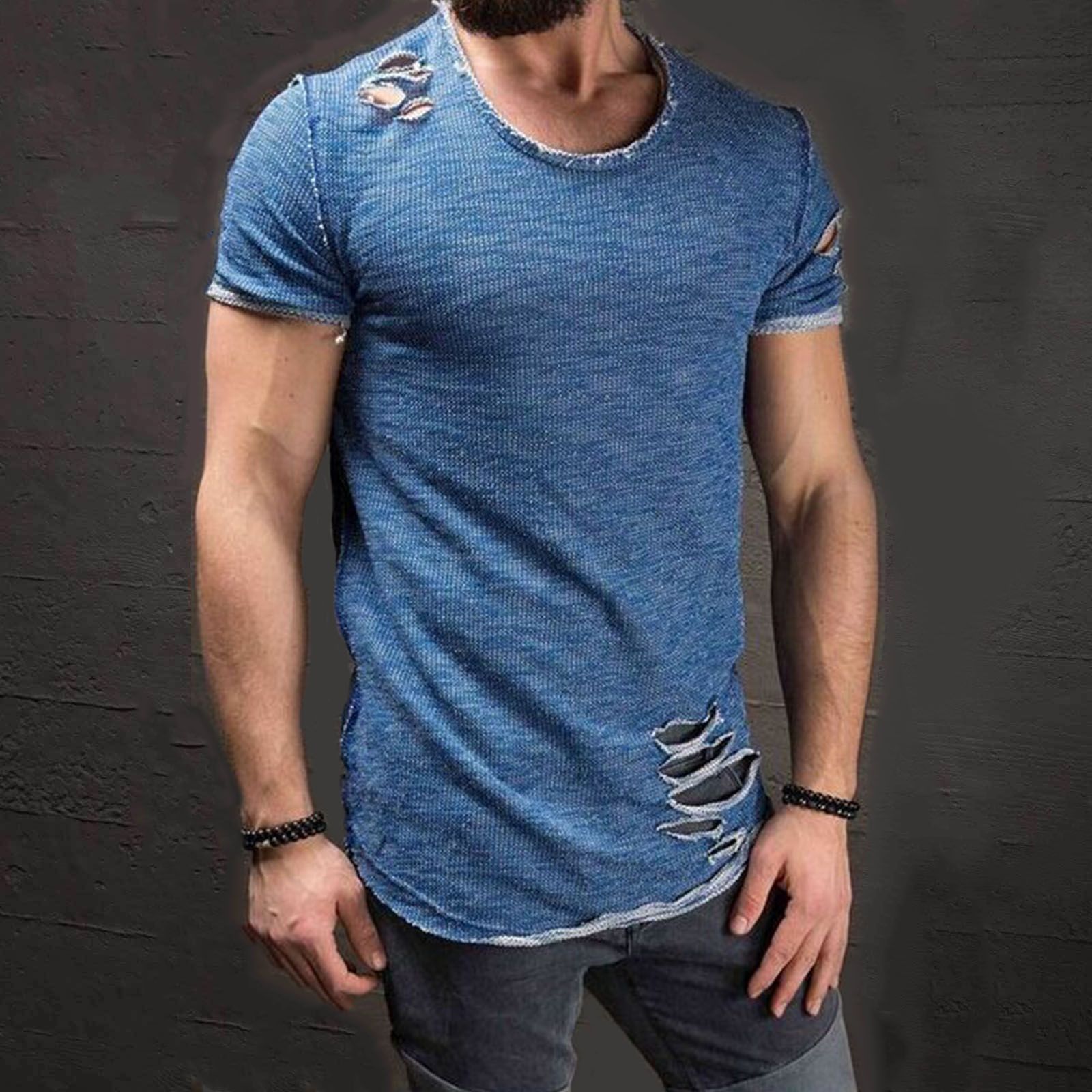 Muscle O Neck Distressed Tee Ripped Men 