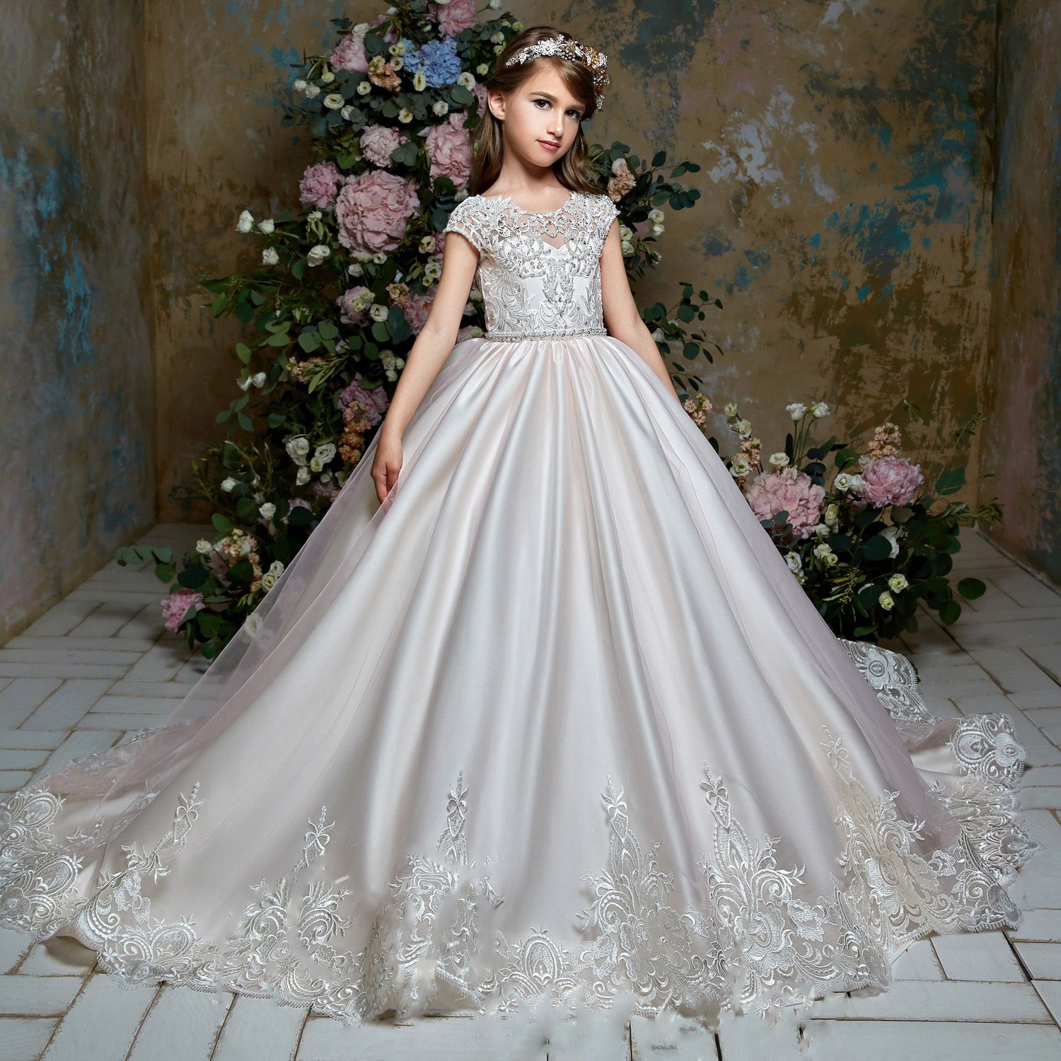 Girls Flower Wedding Pageant Party Gown Tulle Dress Floor Length ...