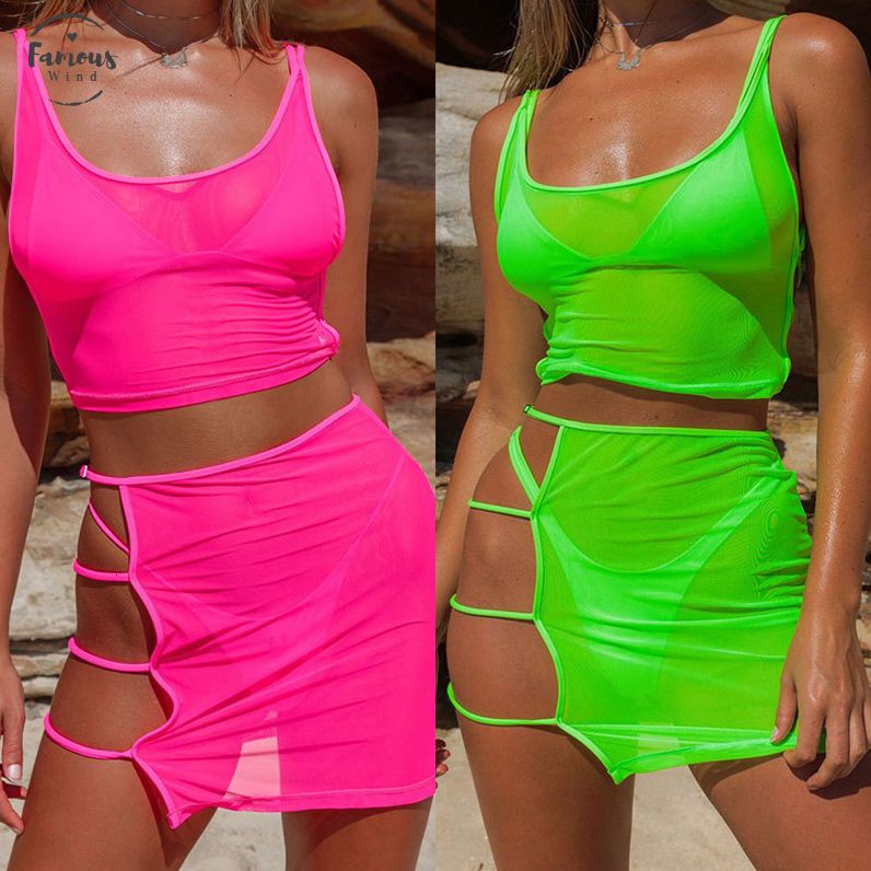 Compre Verde Neon Rosa Quente Malha Transparente Dois Conjuntos De Saia Casual Praia Roupas Mulheres Sexy Escavar Bodycon Pedaço Colheita Tops De Reback02, $82,03 | Pt.Dhgate.Com