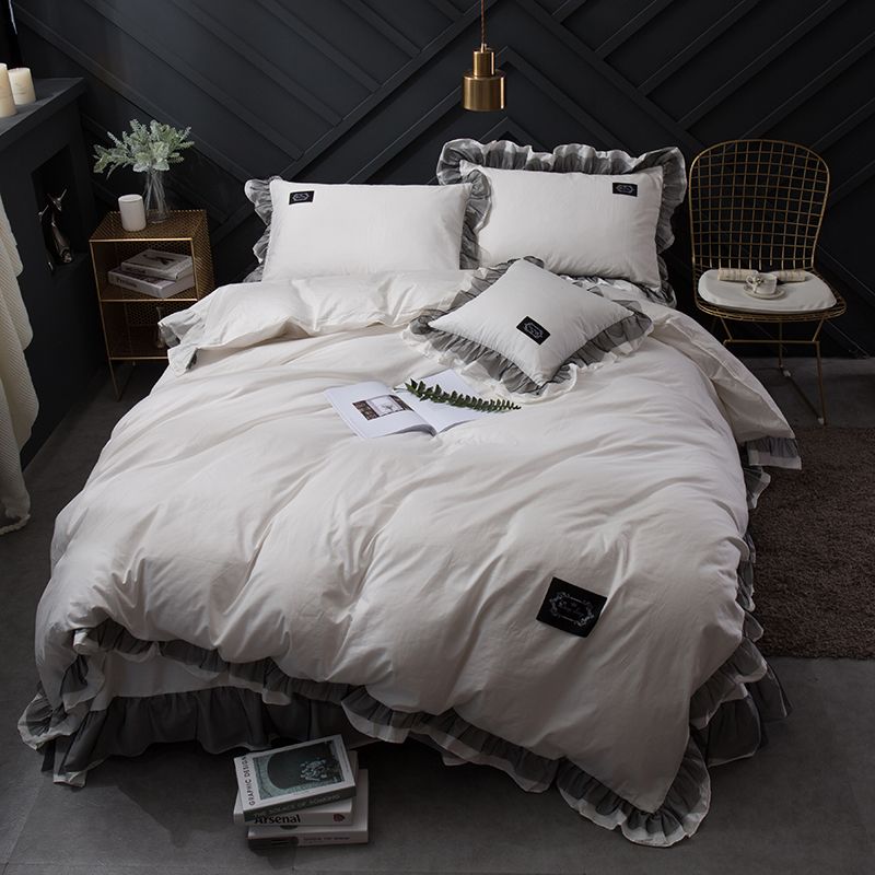 Luxury Pure White Color Black Lace Home Cotton Bedding Set King