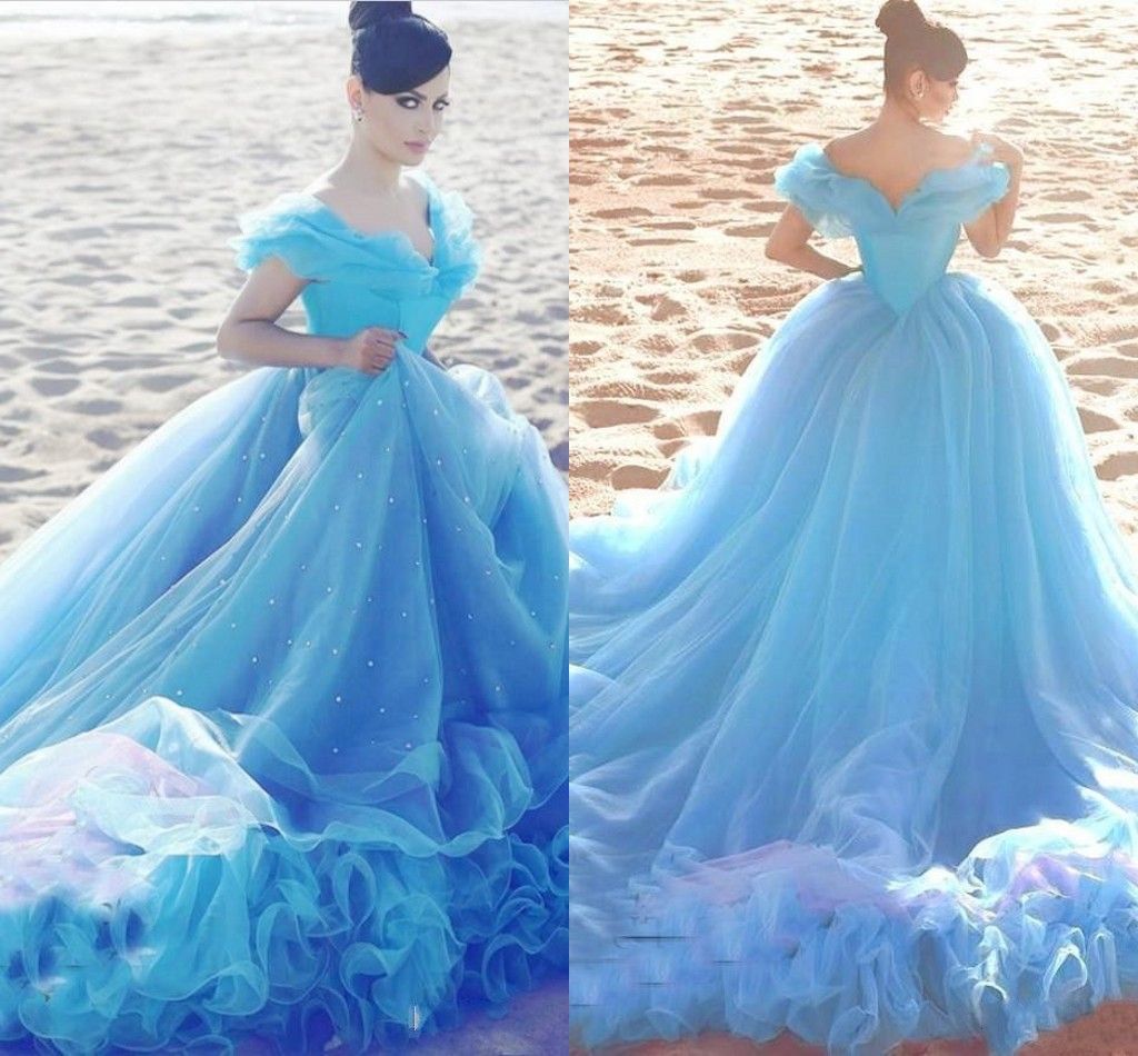 2019 Cinderella Light Blue Plus Size Ball Gown Wedding Dresses Bridal ...