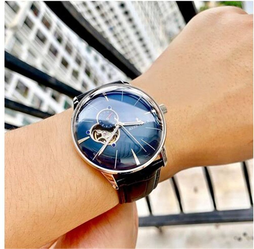 Blue Leather Convex Lens Glass Tourbillon Automatic Mechanical