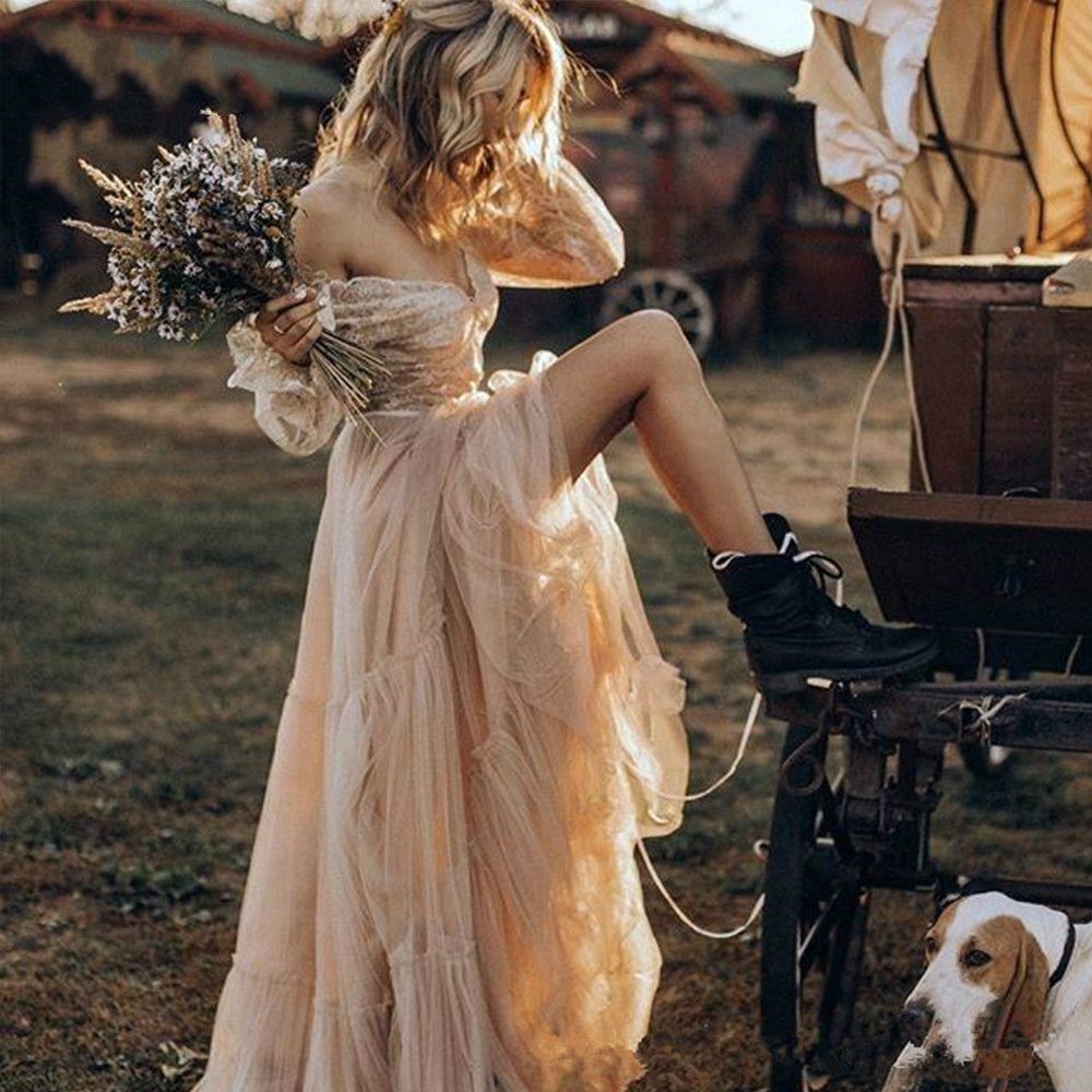 bohemian champagne wedding dress