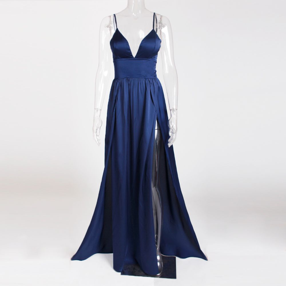 navy blue satin maxi dress