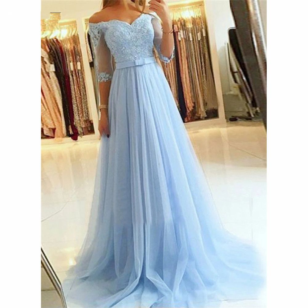 light blue off the shoulder prom dress