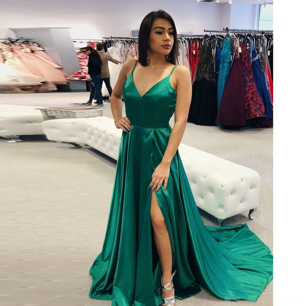 Abendkleider Vestido verde Una línea Vestido de fiesta Espagueti largo Sin tirantes Frente de lodo Vestido Abendkleider Vestido verde Una línea Vestido de fiesta Espagueti largo Sin tirantes Frente de lodo Vestido