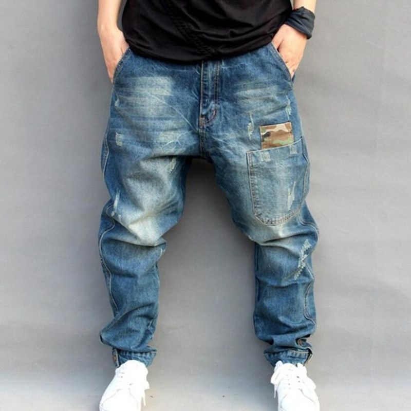 Azul Agujero rasgado Baggy Jeans para hombre Hip Hop Monopatín de Calle Pantalones vaqueros los