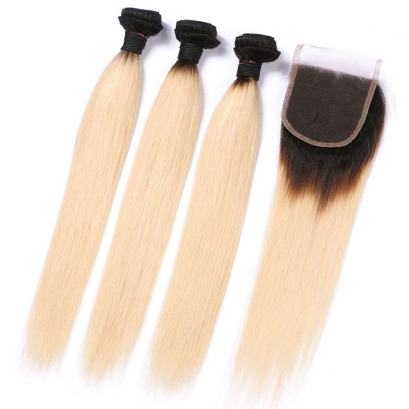 2019 1b 613 Brazilian Straight Hair Bundles With Closure Ombre