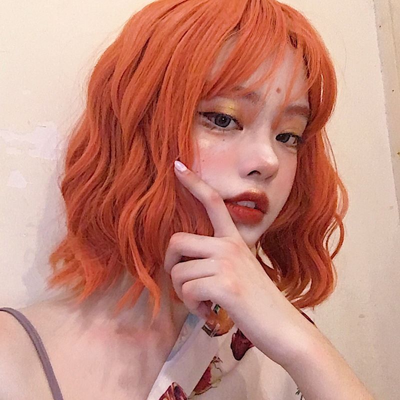 Bright Orange Bangs Shoulder Length Wig Women S Short Curly Hair