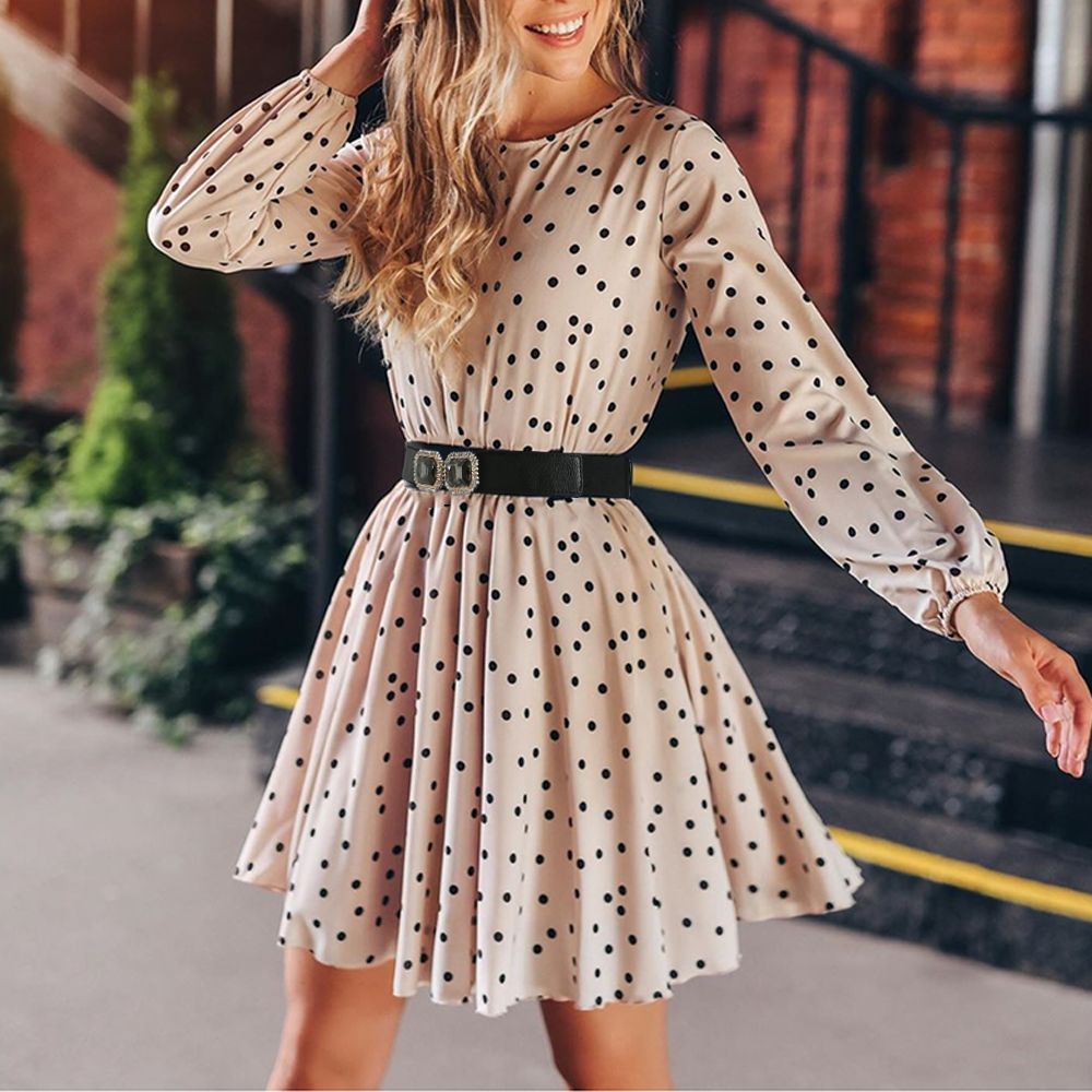 long white dress with black polka dots